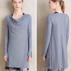 Pure + Good Cowlneck Tunic Dress S Blue Gray Ribbed Knit Lattice Sleeve Soft